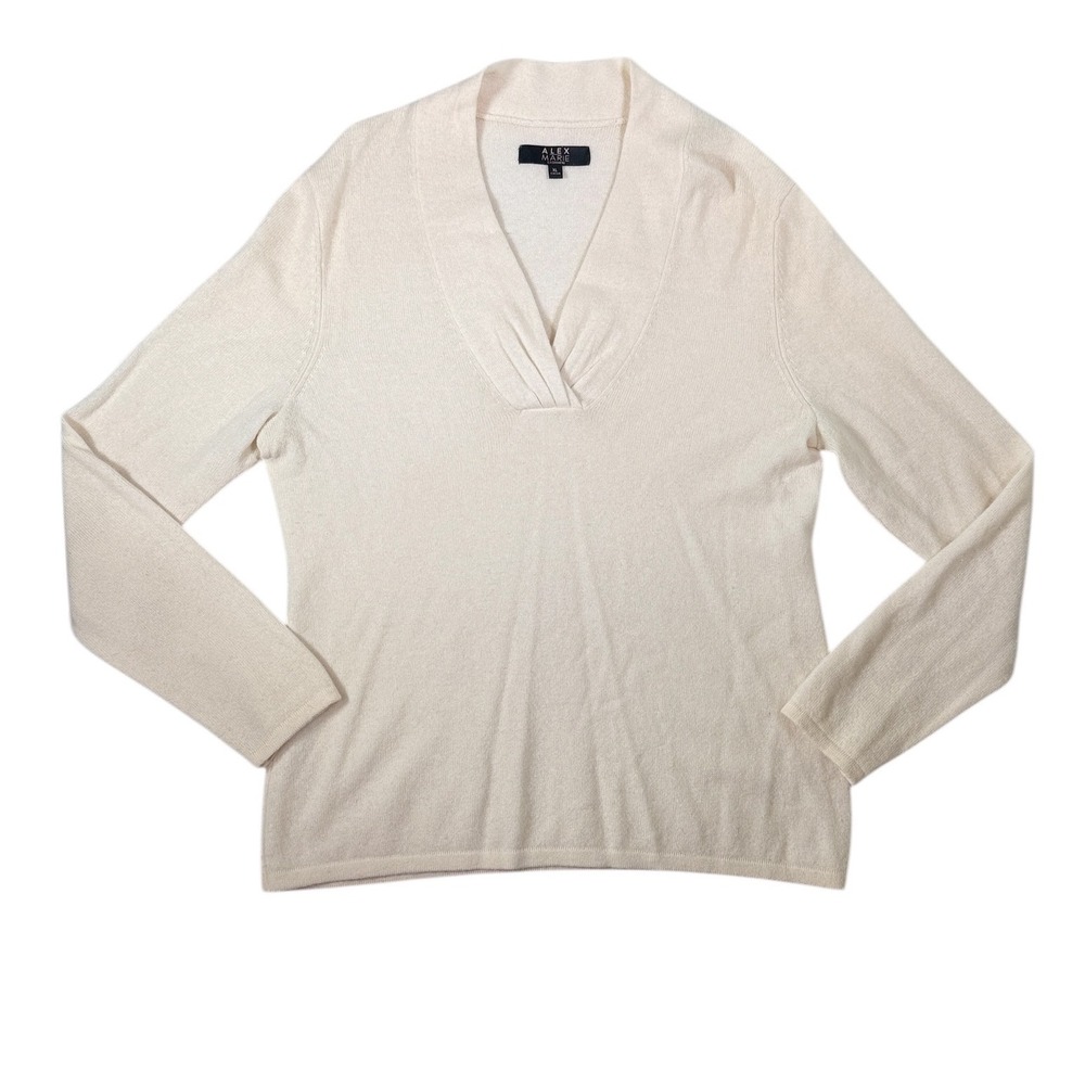 Alex Marie Cashmere Sweater Womens XL Cream Pleated V-Neck Long Sleeve F61SA6448